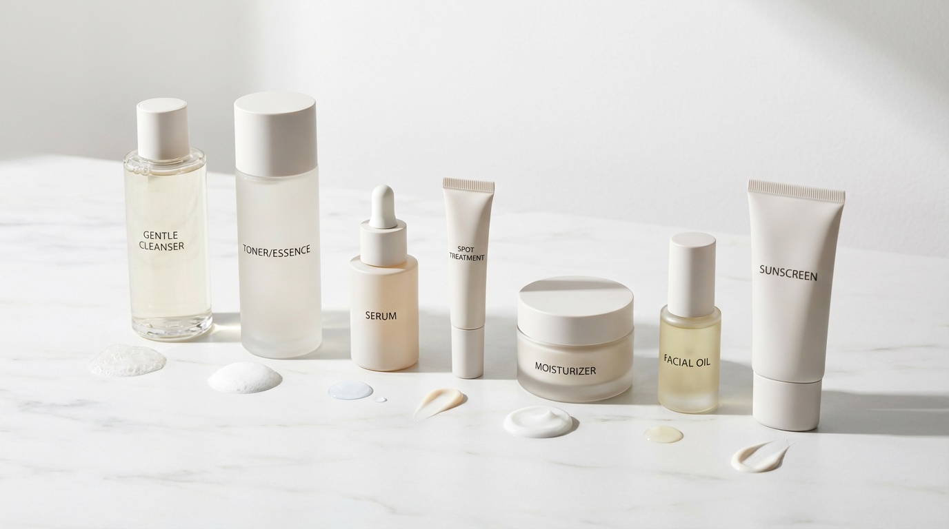 Flatlay of skincare products arranged in the correct order from cleanser to sunscreen.