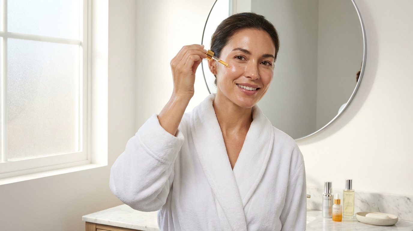 Beautiful woman applying serum in a bright bathroom during her morning skincare routine.
