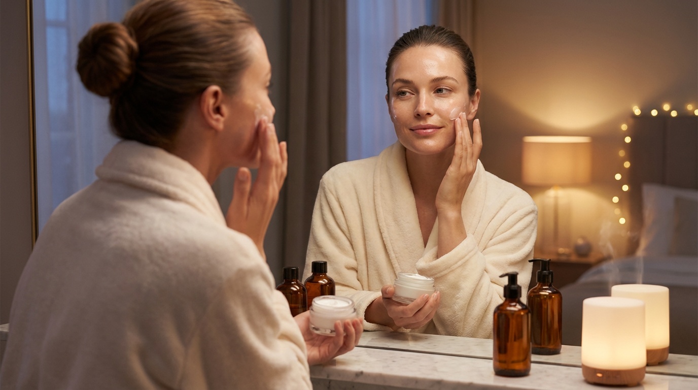 Beautiful woman applying moisturizer during her nighttime skincare routine.