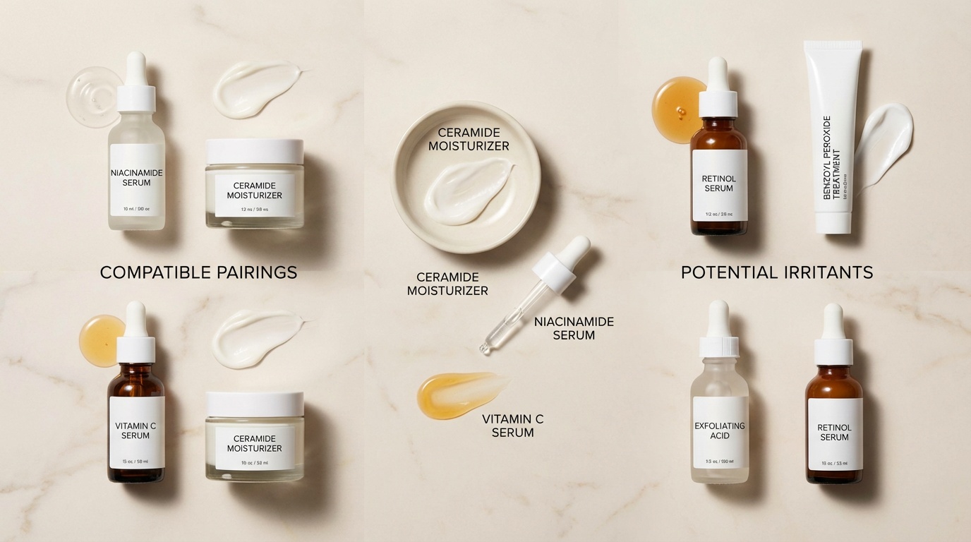 Product shot showing skincare ingredients that should and should not be layered together.