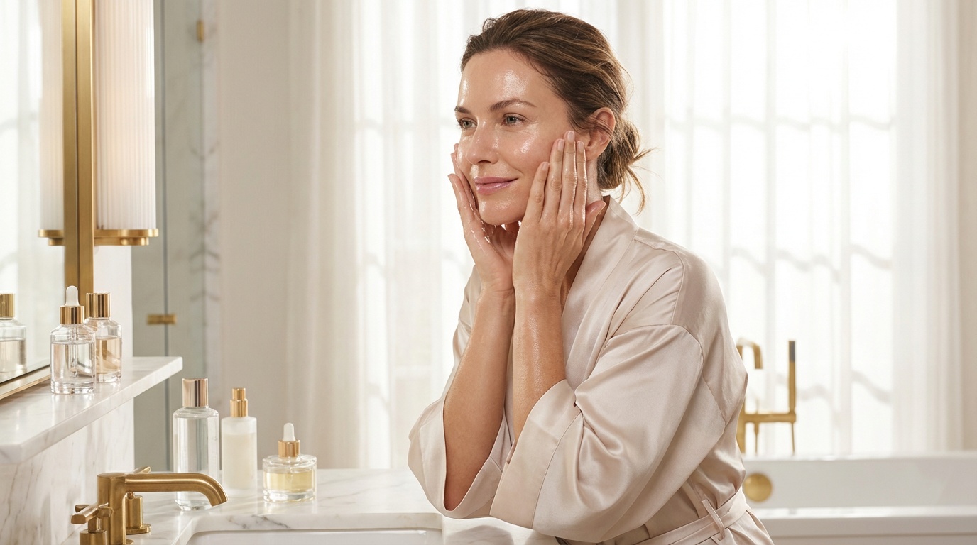 Beautiful woman with glowing skin applying hydrating toner in a bright bathroom