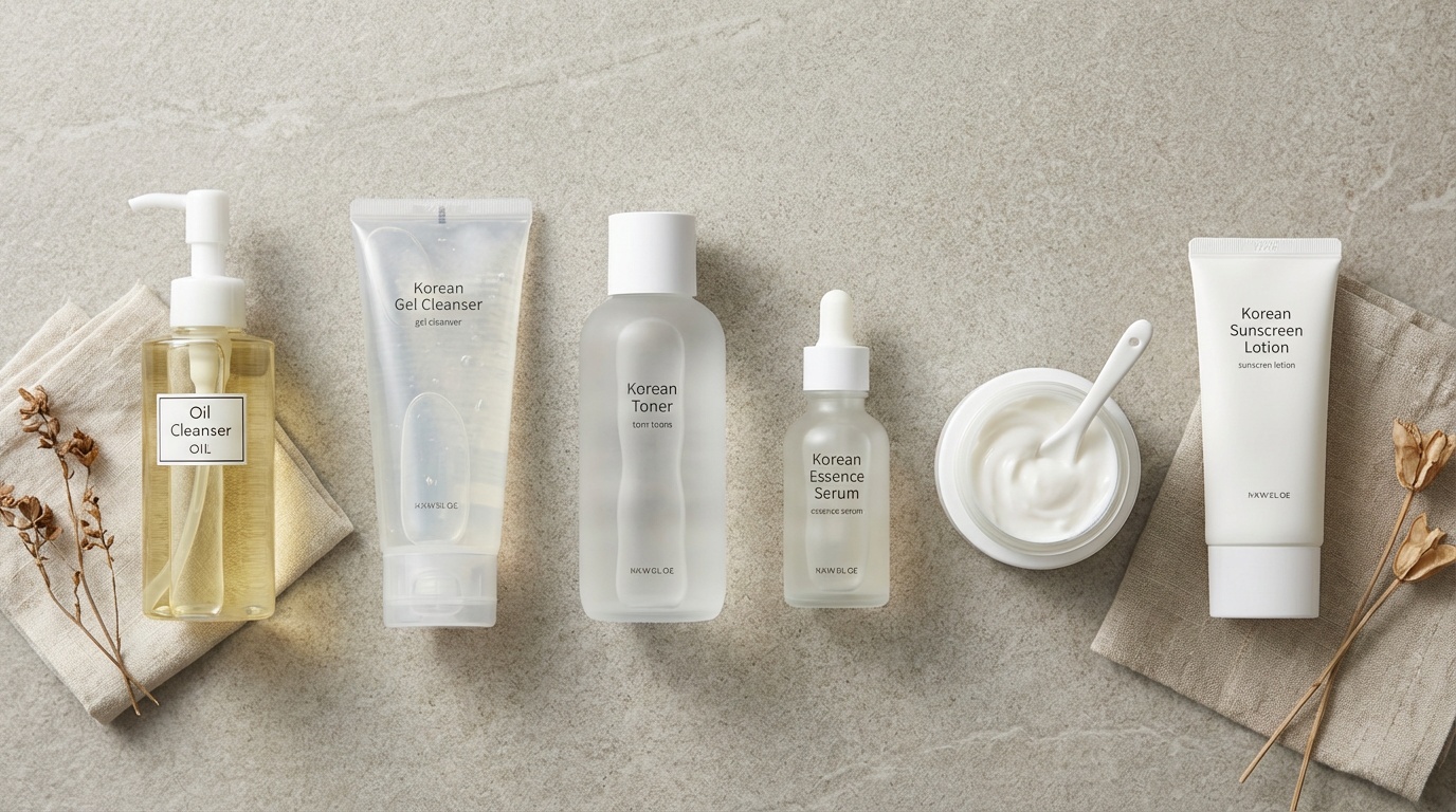 Flatlay of Korean skincare products arranged in routine order