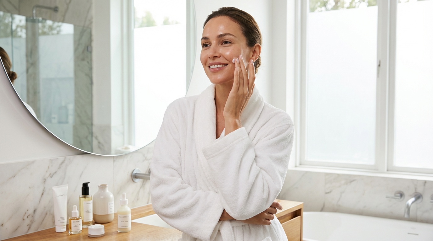 Beautiful woman applying sunscreen during her morning skincare routine