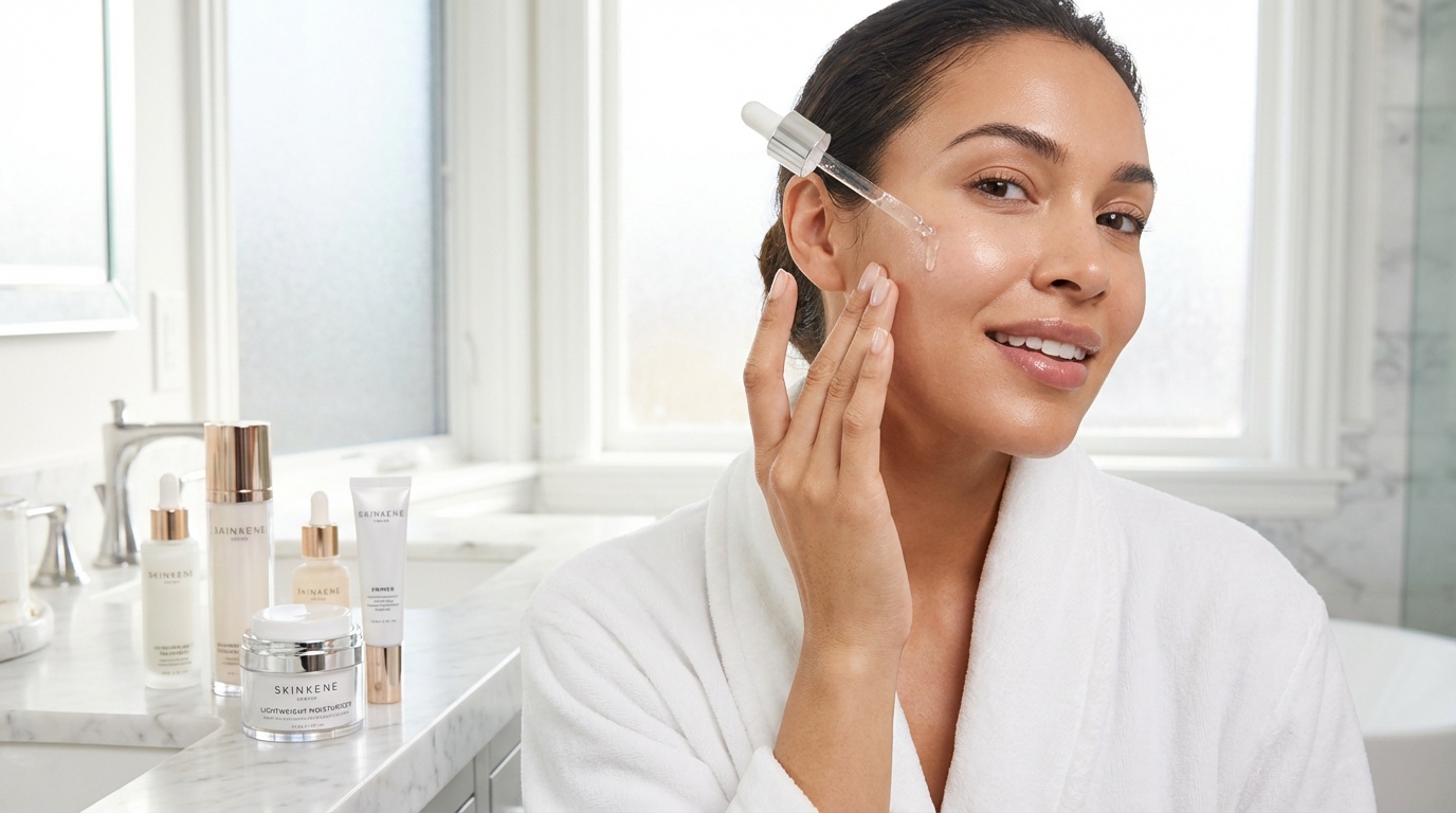 Beautiful woman with glowing skin applying serum in a bright bathroom