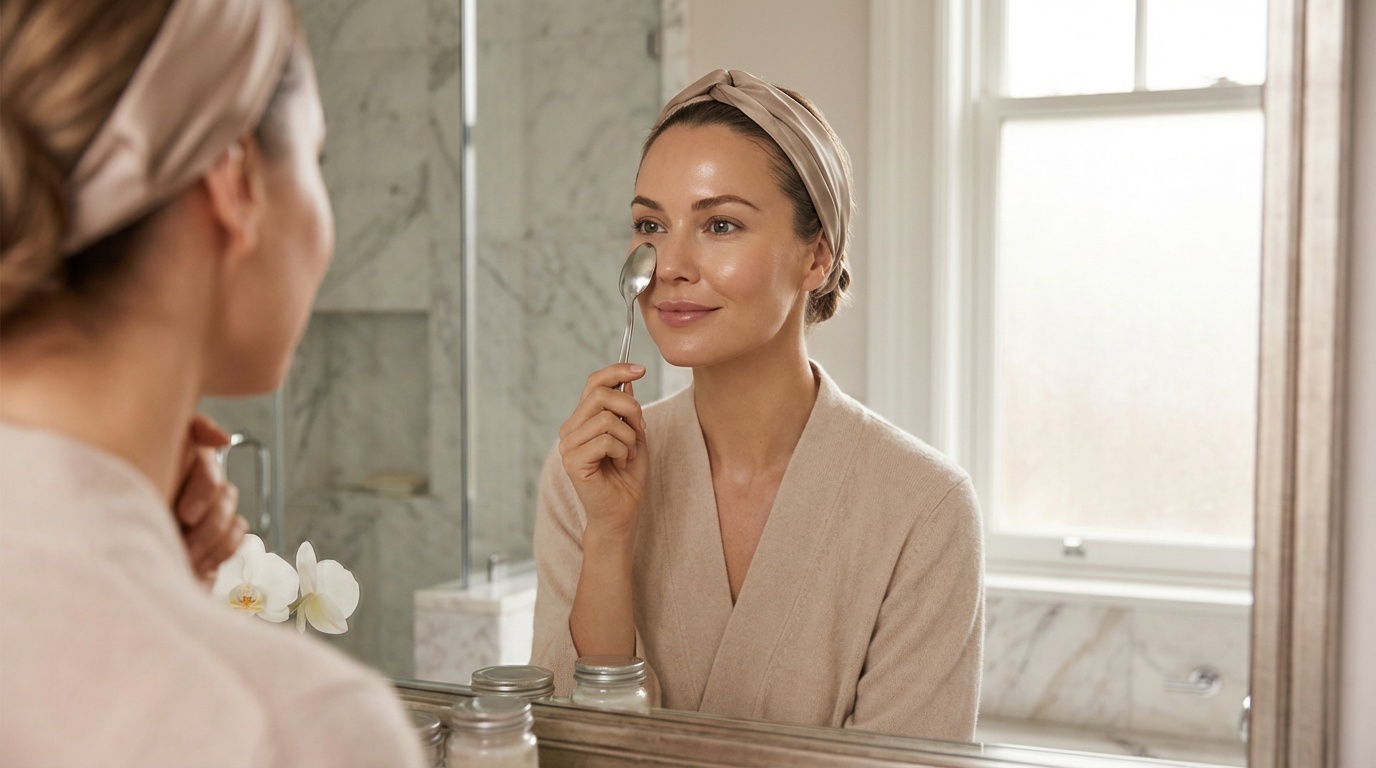 Woman using a chilled spoon under her eye to reduce puffiness