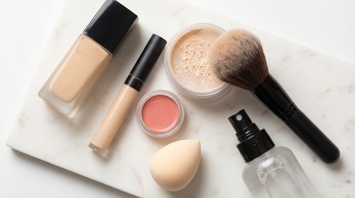 Flatlay of makeup products and tools for long-lasting wear