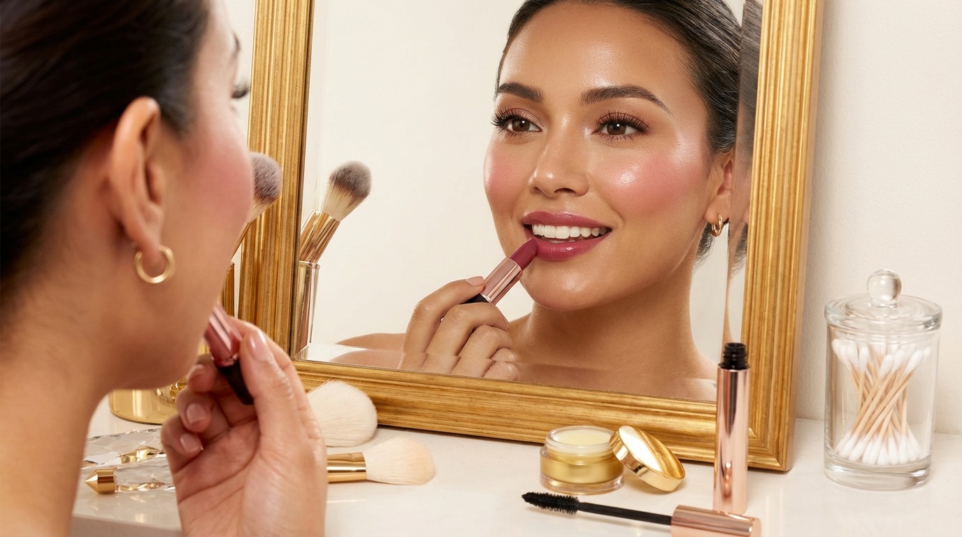 Beautiful woman applying lipstick at a vanity with eye and lip products