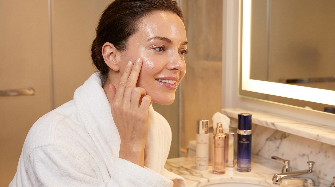 Beautiful woman with glowing skin applying an occlusive balm in a bathroom at night