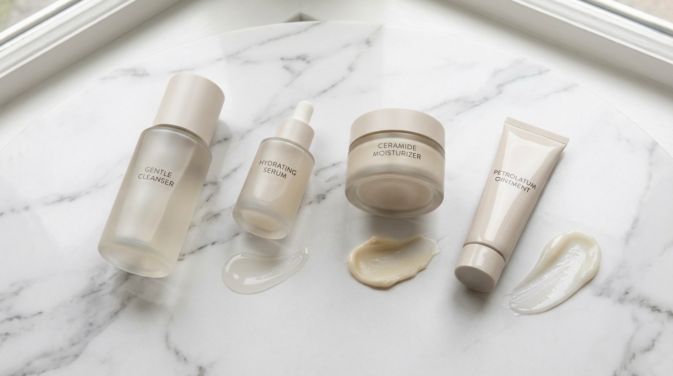 Flatlay of cleanser, serum, moisturizer, and occlusive ointment used for slugging