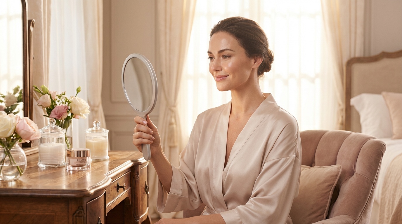 Beautiful woman with hydrated glowing skin looking at herself in a mirror