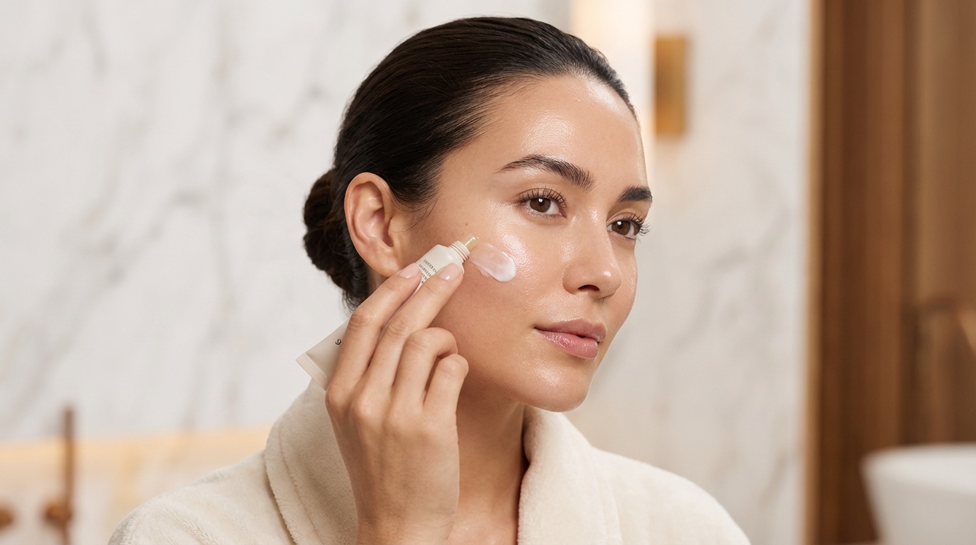 Close-up of a woman applying a small amount of ointment to her face for slugging