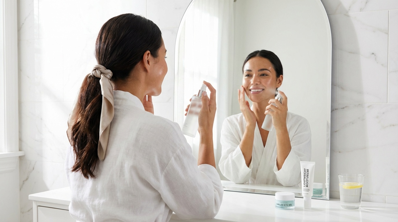 Beautiful woman with glowing skin applying hydrating skincare at a bright vanity
