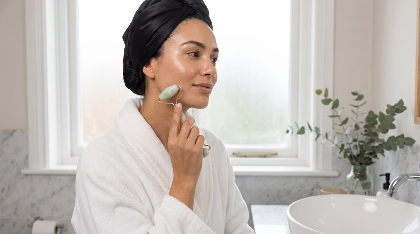 Beautiful woman depuffing her face with a chilled facial roller