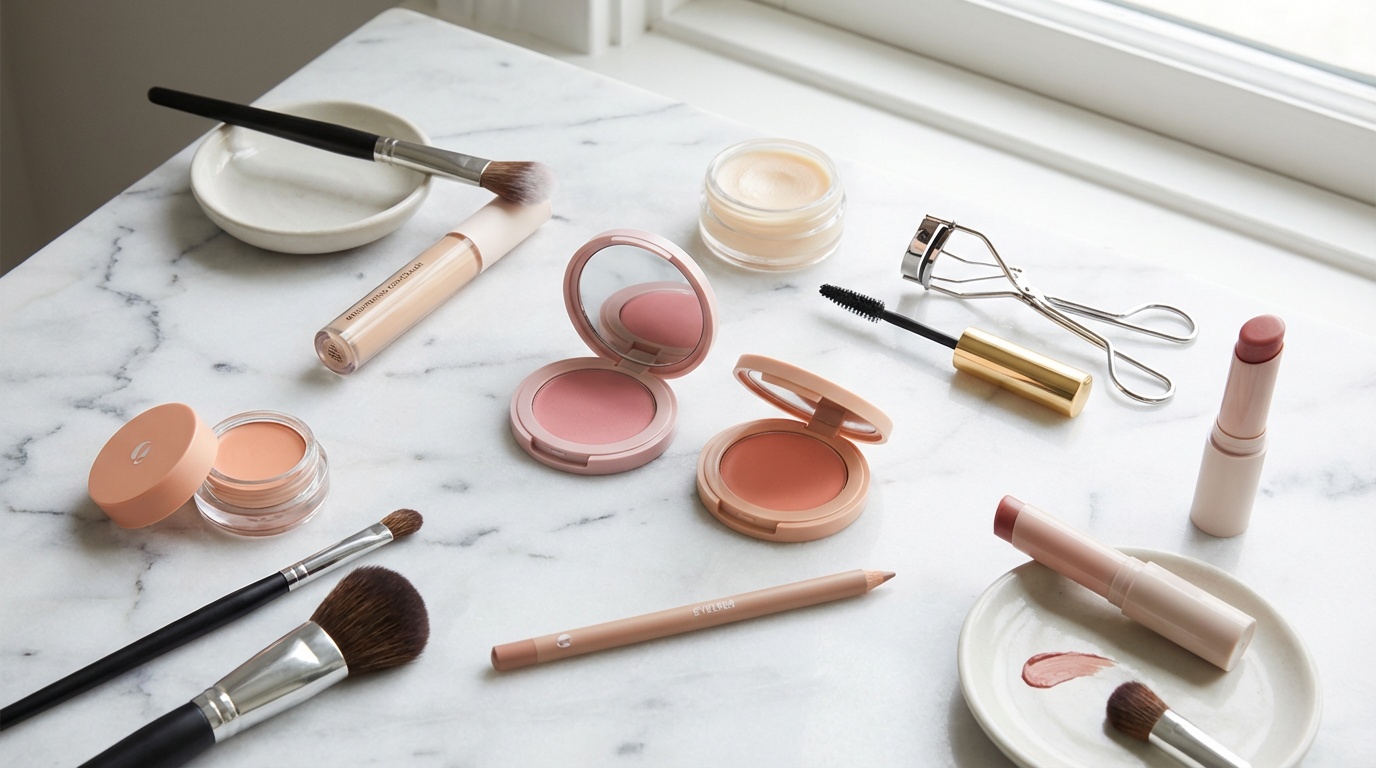 Flatlay of concealer, cream blush, mascara, lash curler, nude eyeliner, and tinted lip balm