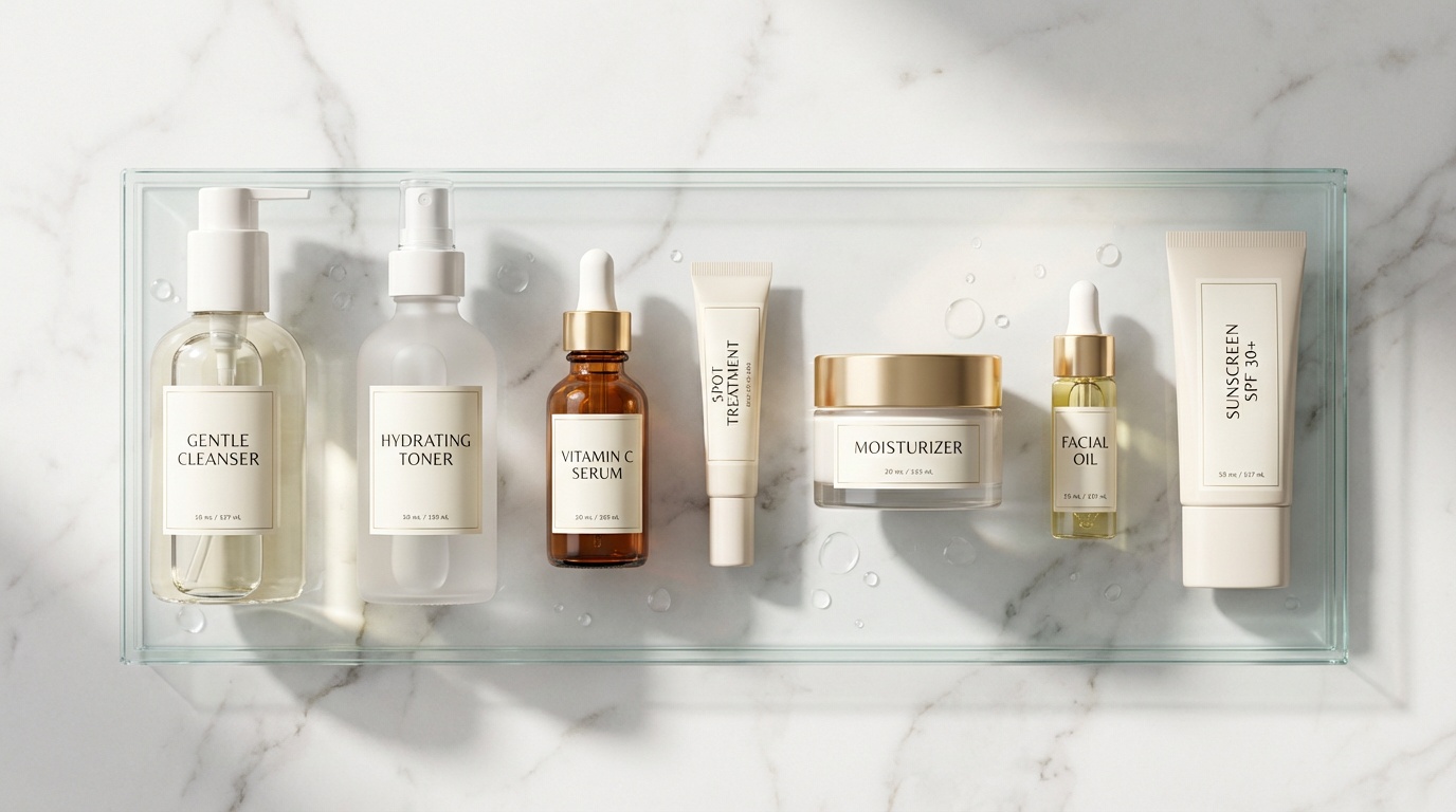 Flatlay of skincare products arranged in the correct order from cleanser to sunscreen