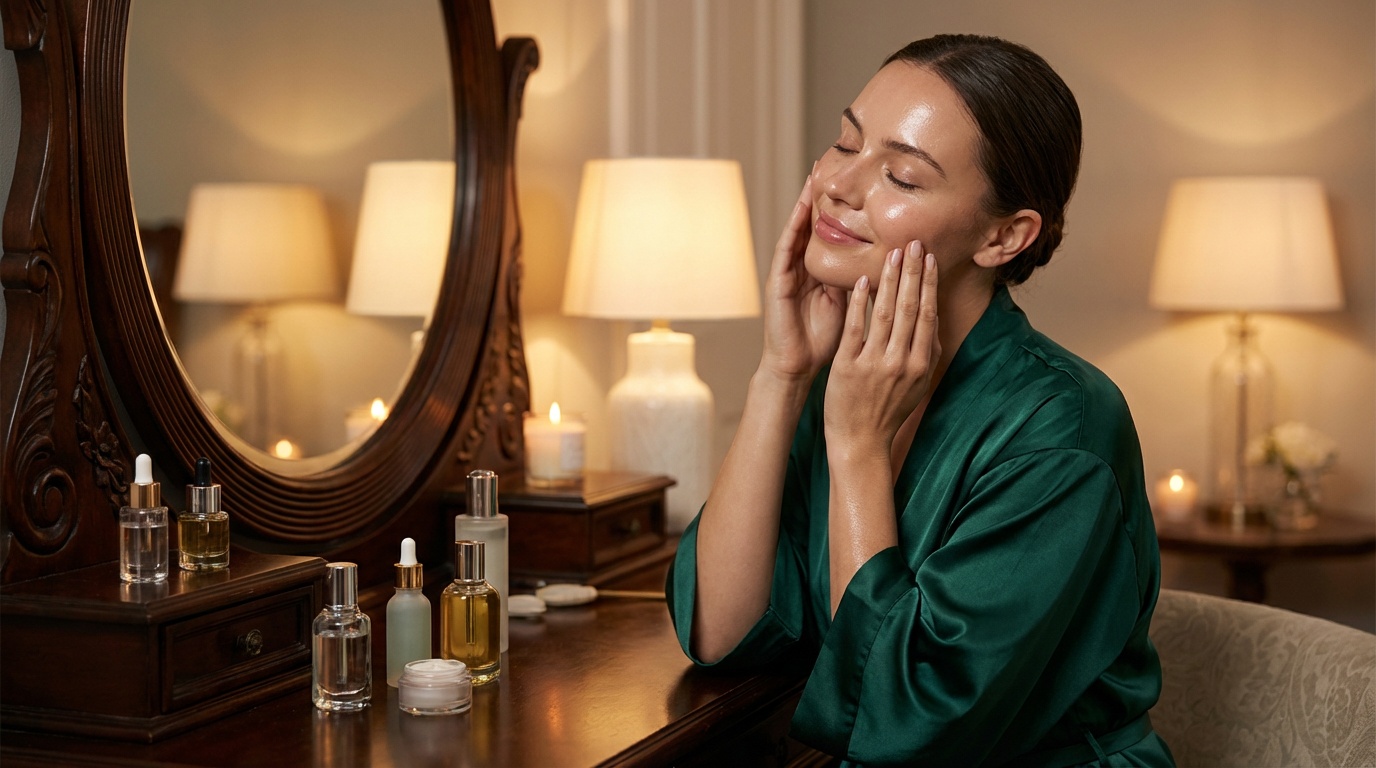 Beautiful woman applying moisturizer at night in a luxurious vanity setting
