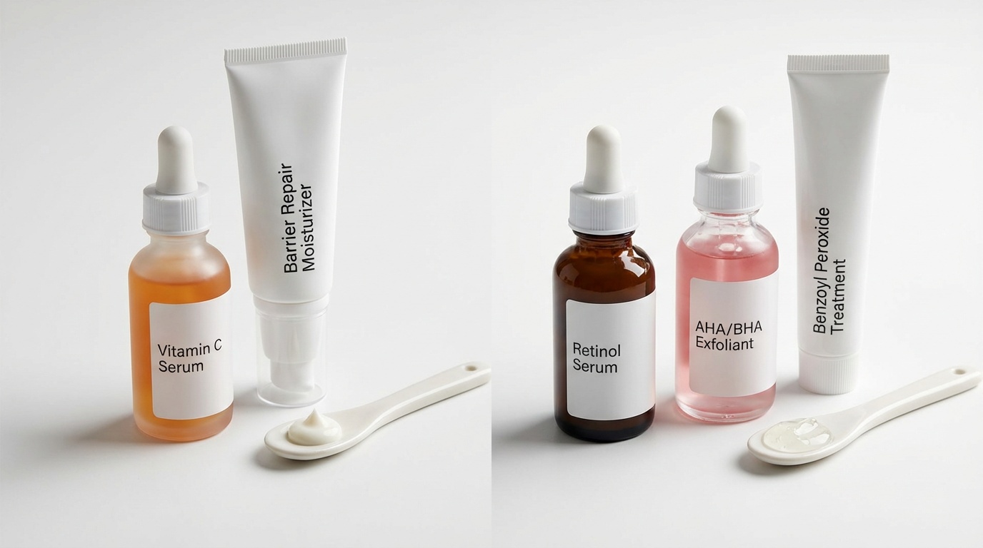 Skincare products and texture swatches illustrating active ingredients that should be used carefully together