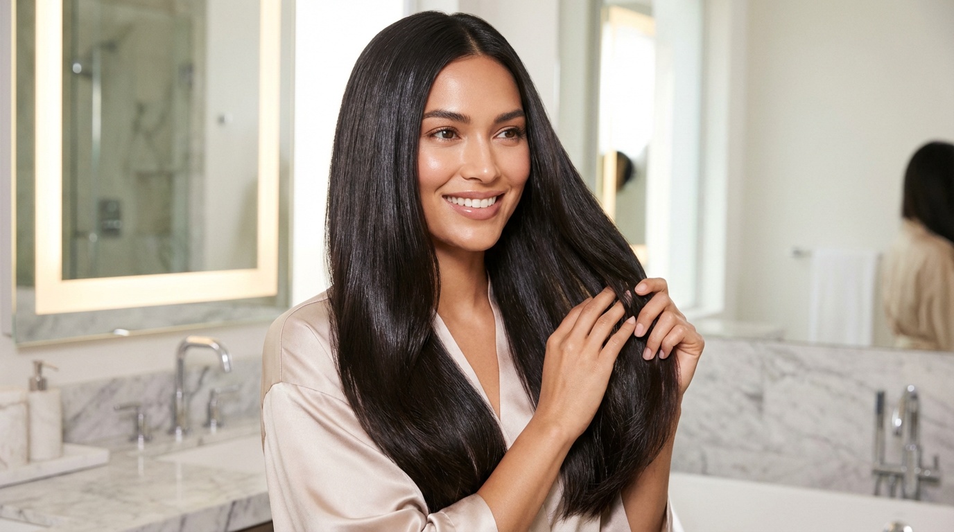 Beautiful woman with glowing skin and glossy shiny hair in a luxury bathroom