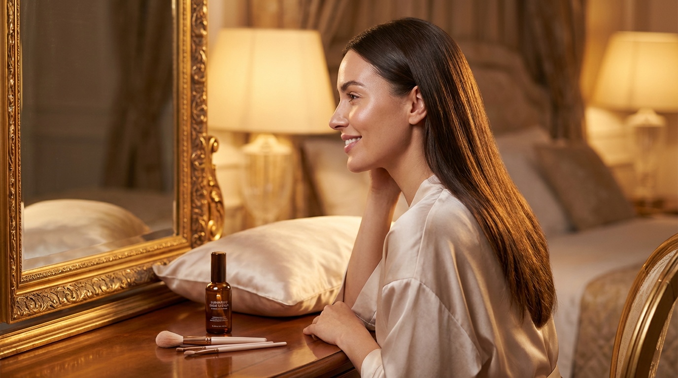 Woman admiring her glossy smooth hair in a mirror at a vanity