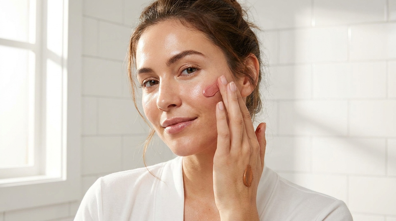 Woman with glowing hydrated skin applying cream makeup in soft bathroom light