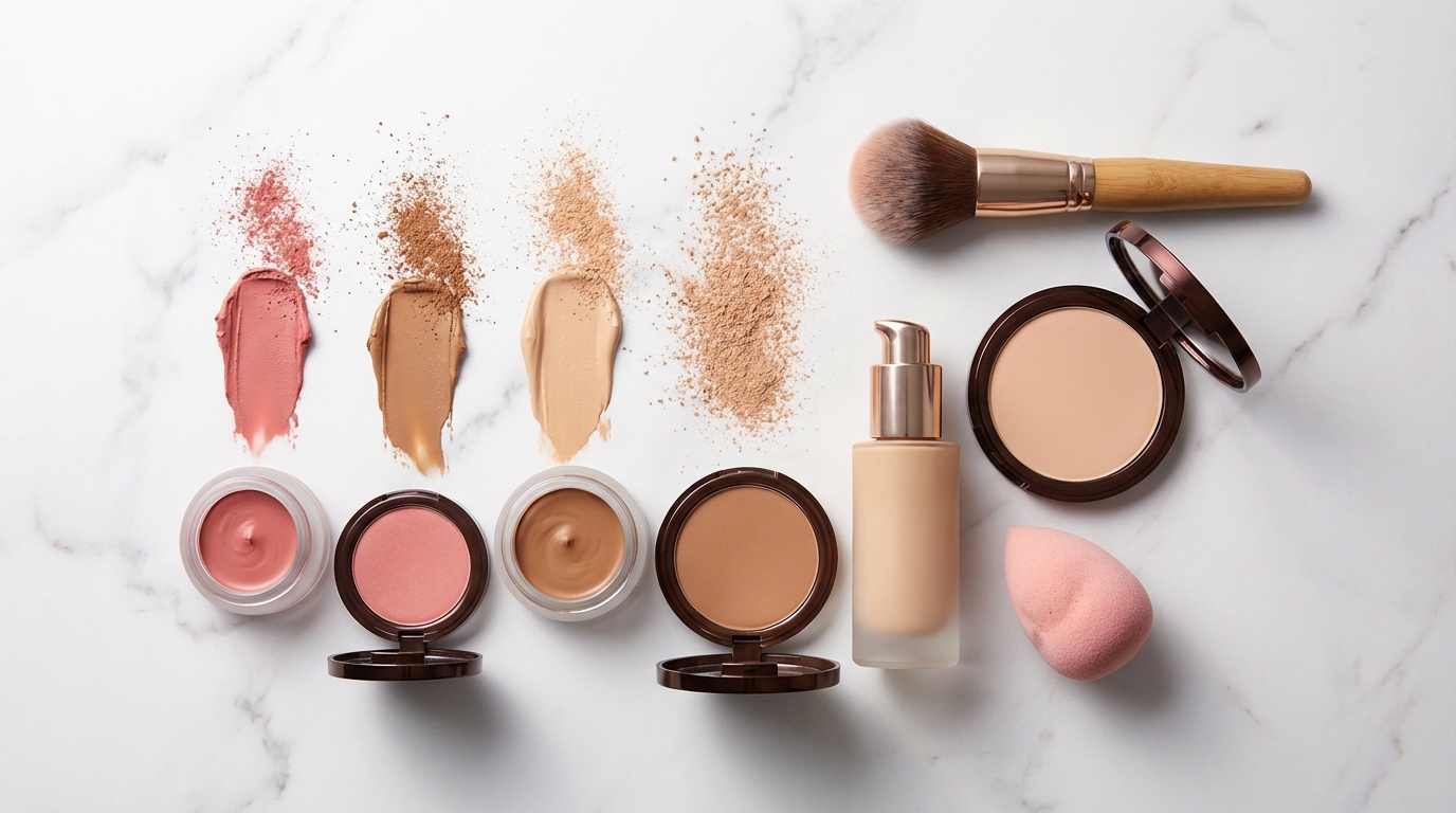 Flatlay of cream and powder makeup products arranged for layering