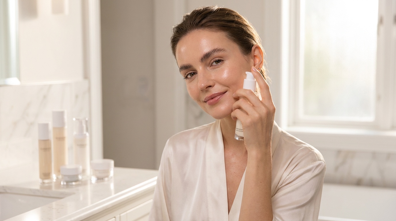 Beautiful woman with glowing skin applying moisturizer in soft natural light