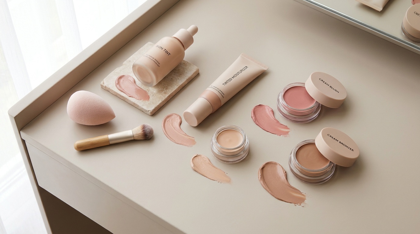 Flatlay of skin tint, concealer, cream blush, and bronzer for a natural makeup look