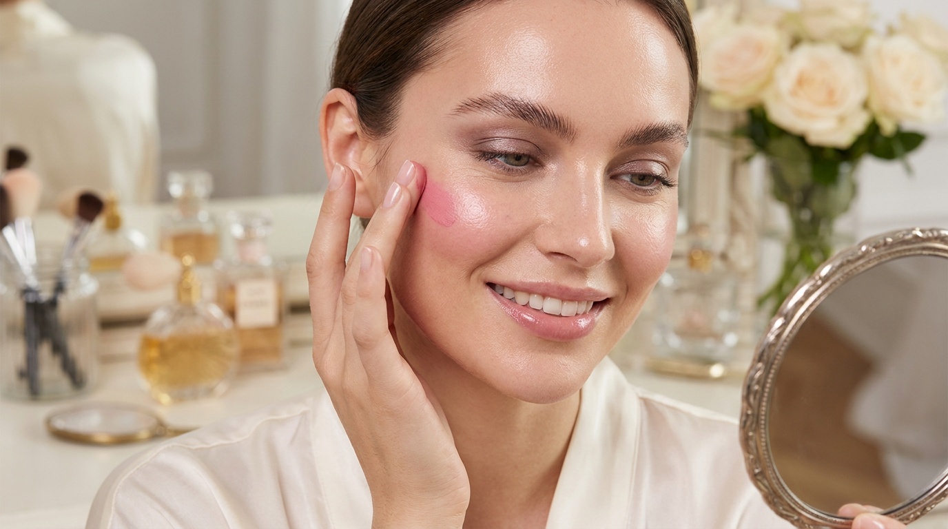 Beautiful woman applying cream blush for a soft natural makeup look