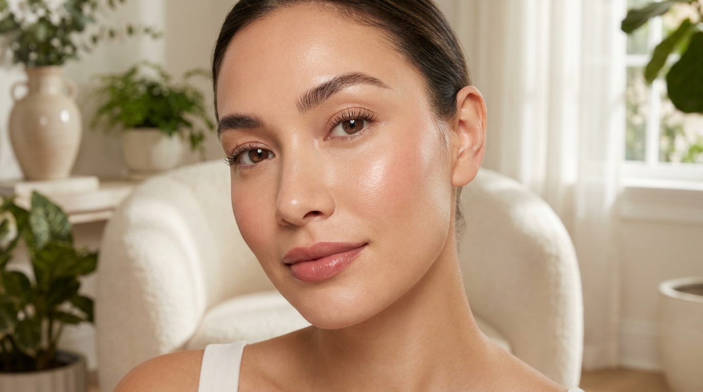 Close-up of a woman wearing a fresh no makeup makeup look with glowing skin