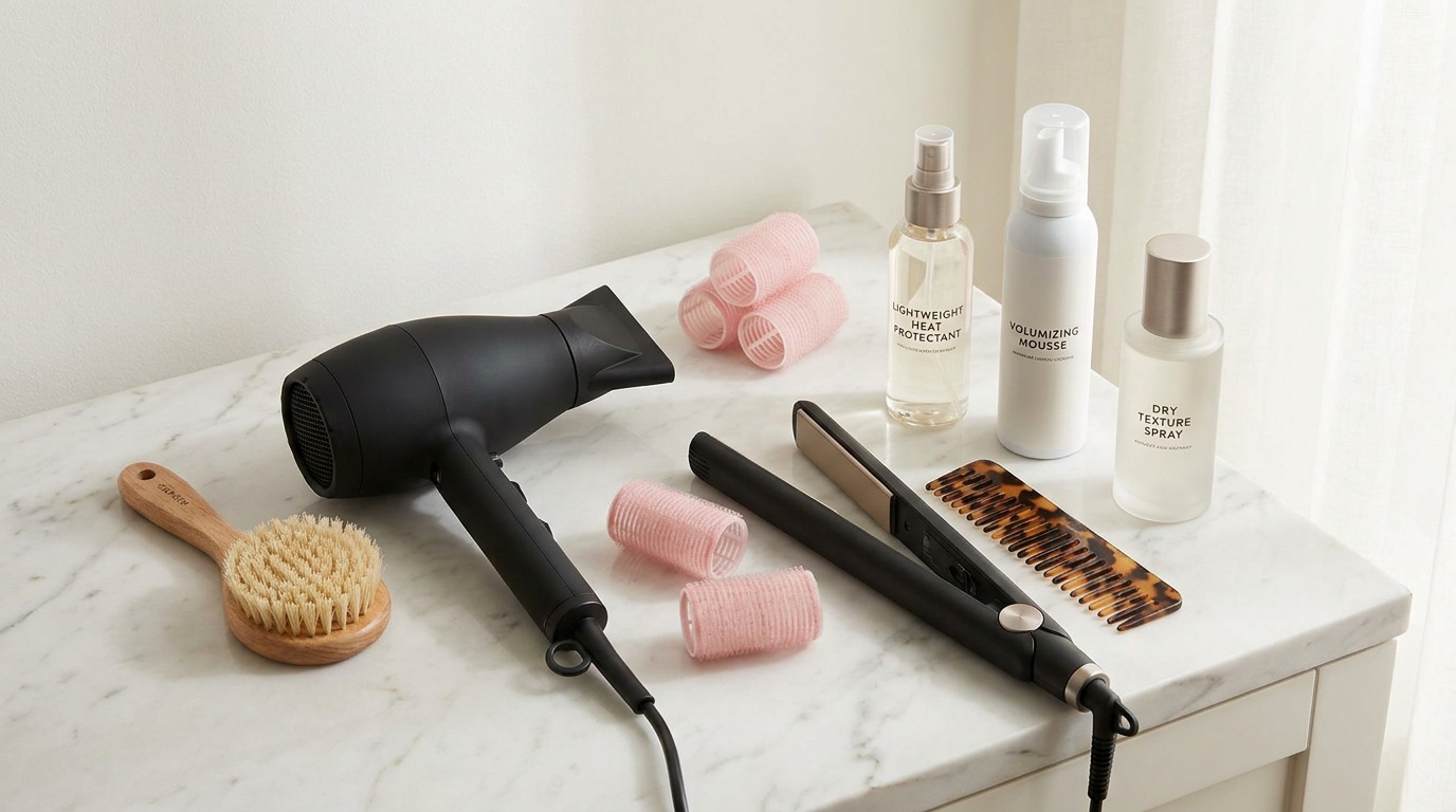 Flatlay of tools and products for styling curtain bangs on a marble surface