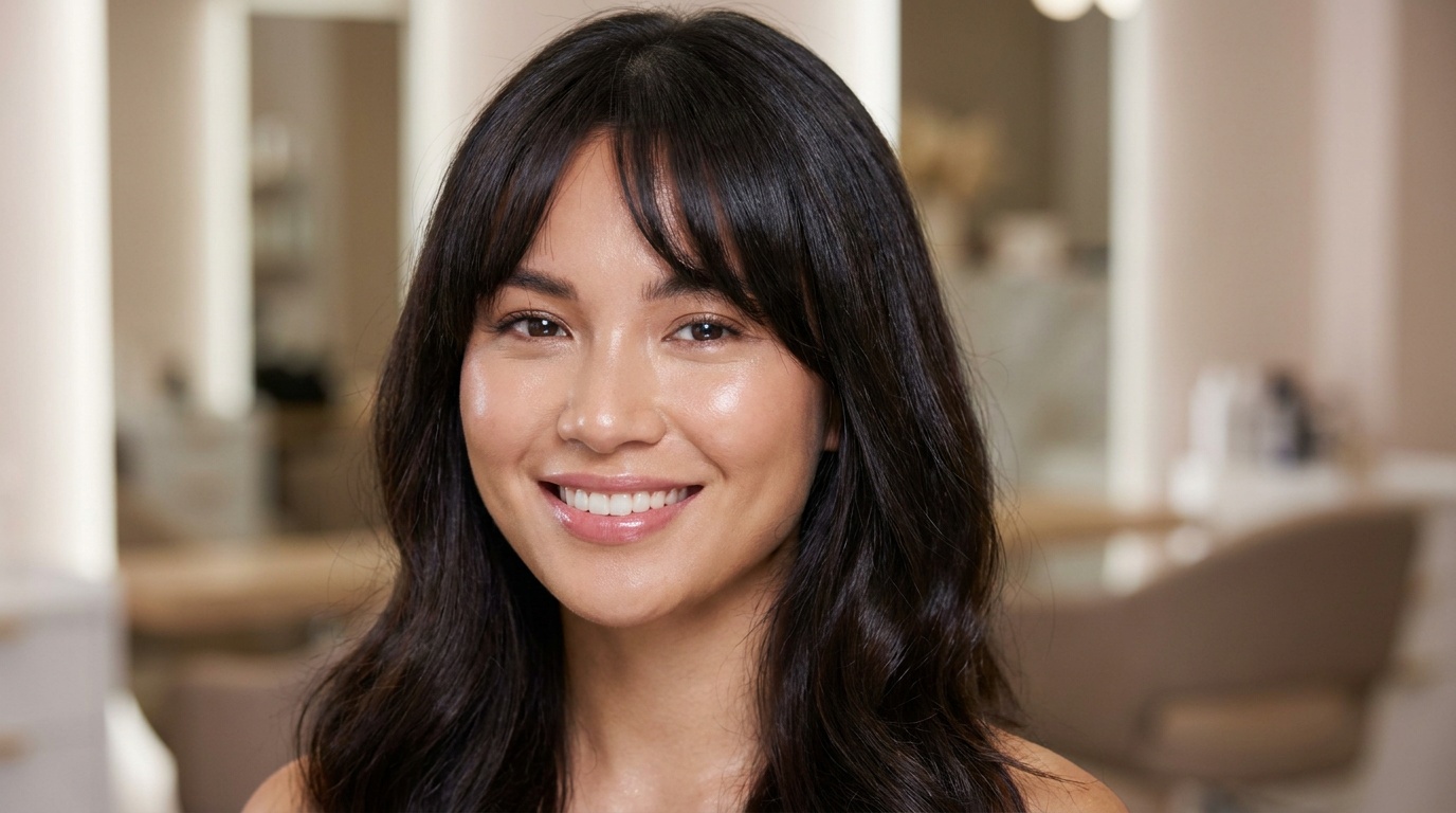Close-up of a woman with styled curtain bangs and glowing skin