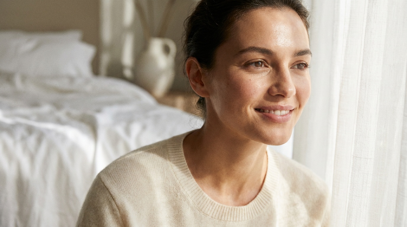 Beautiful woman with glowing well-rested skin in soft morning light