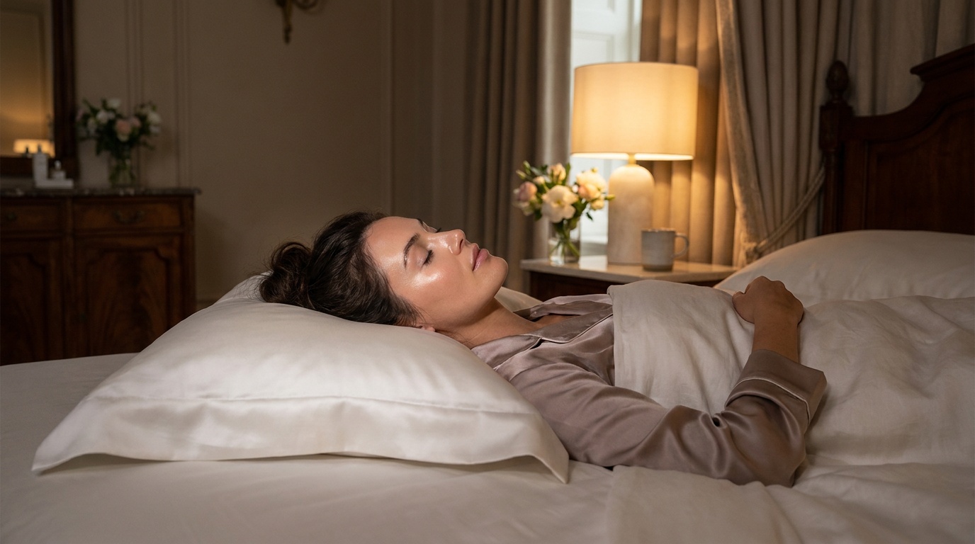 Woman sleeping on her back on a silk pillowcase in a clean bedroom