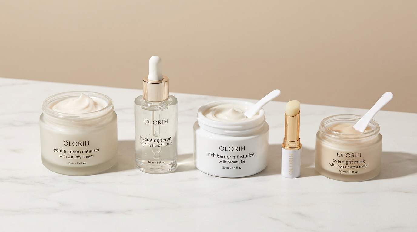 Flatlay of nighttime skincare products including cleanser serum moisturizer and lip balm