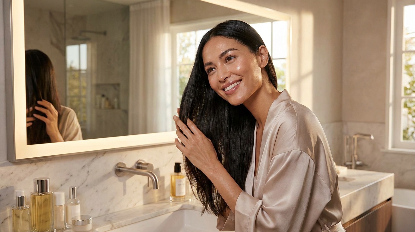 Beautiful woman with glowing skin and glossy smooth hair in a luxury bathroom