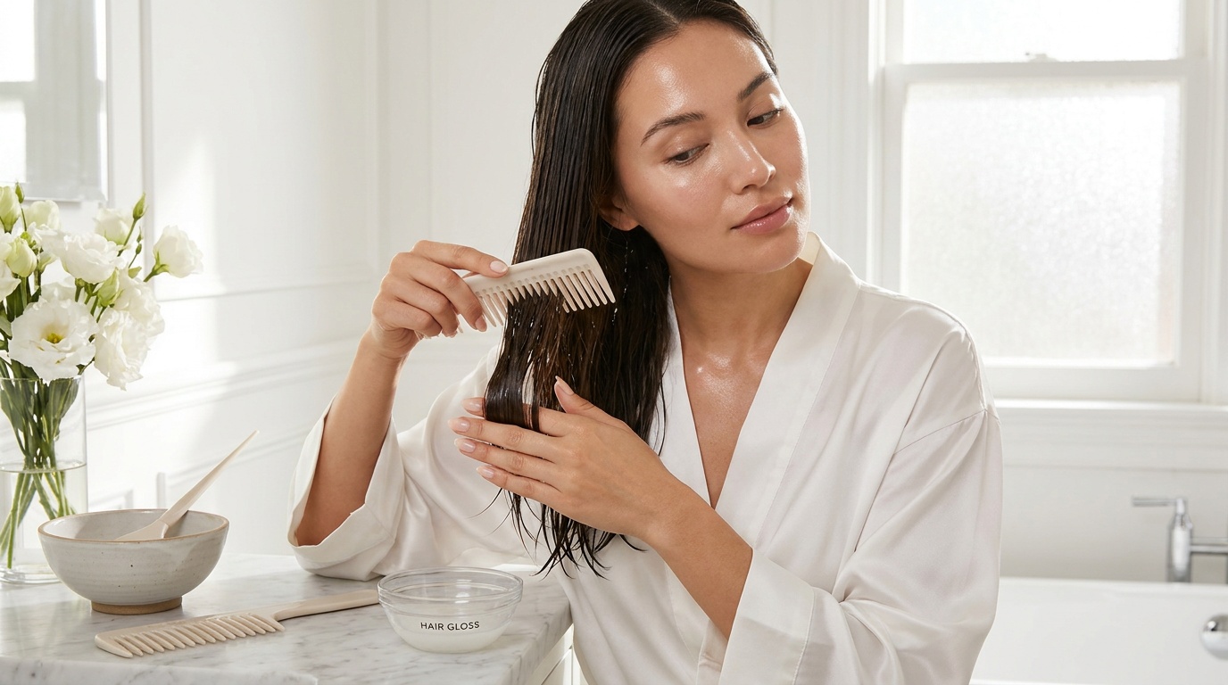 Woman applying at-home hair gloss to damp sectioned hair in a bright bathroom