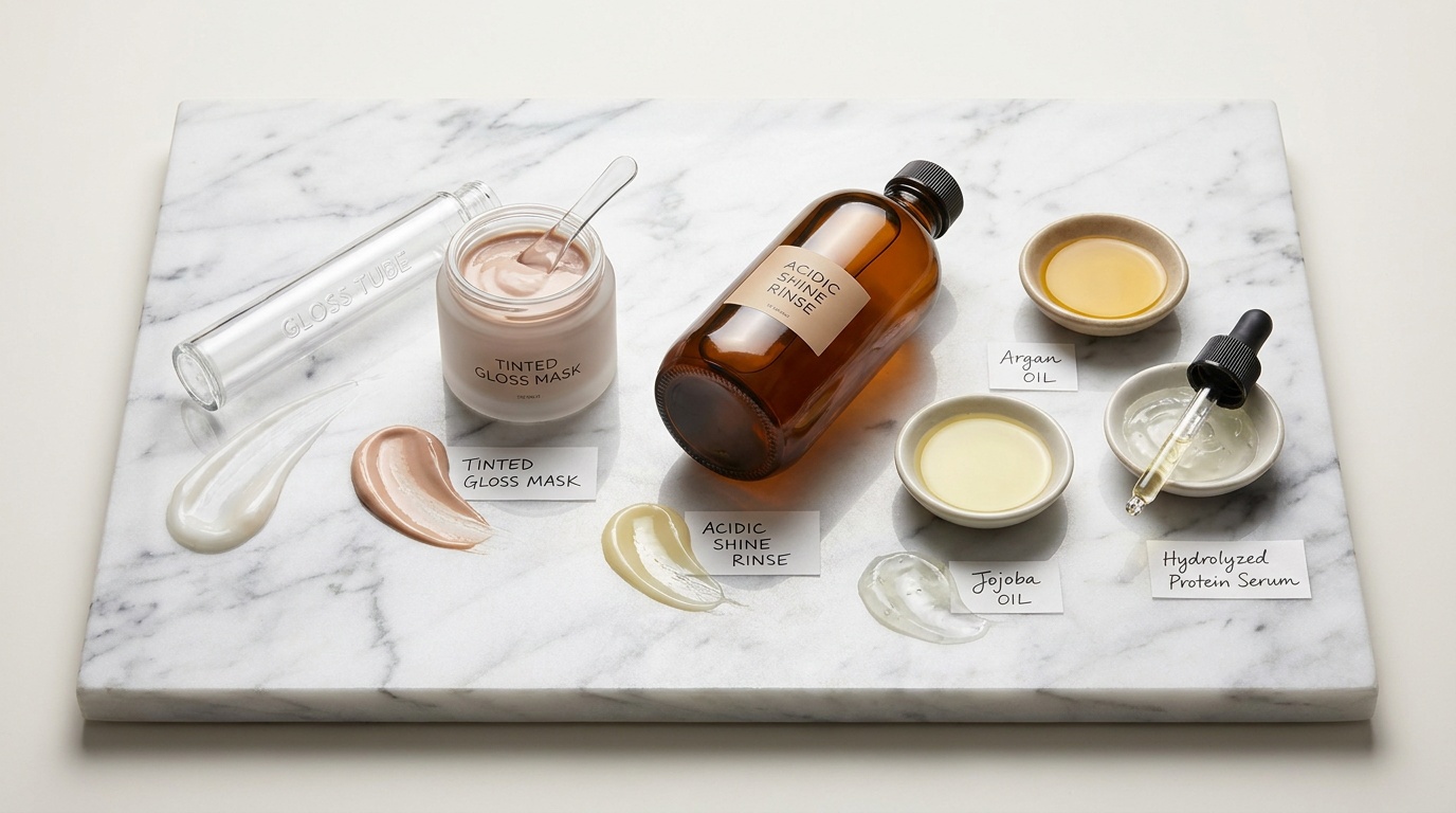 Flatlay of hair gloss products and conditioning ingredients on marble