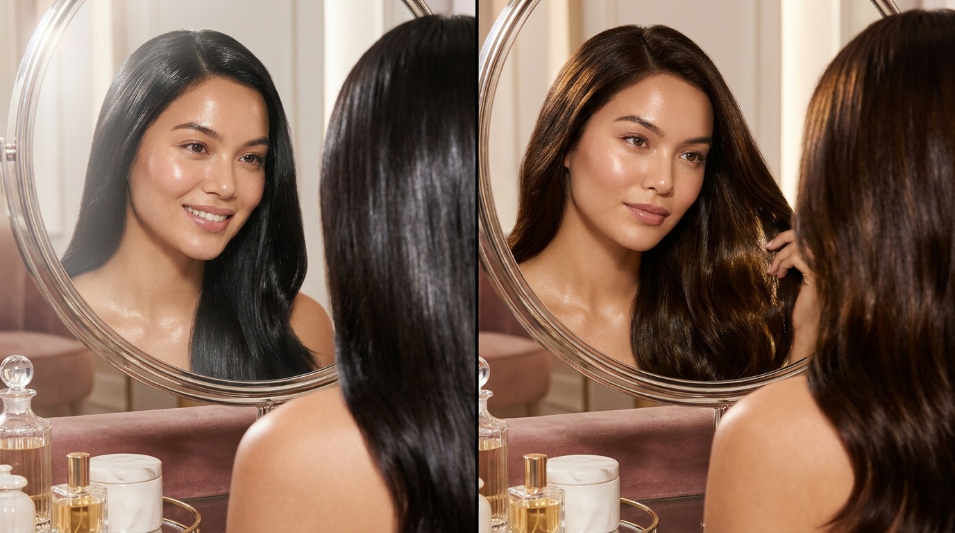 Woman comparing clear gloss shine with tinted brunette gloss in a mirror