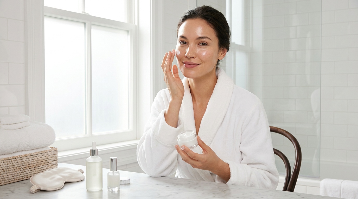 Beautiful woman with glowing skin applying moisturizer in a bright bathroom before makeup