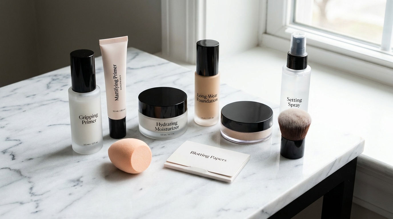 Flatlay of primer, foundation, powder, setting spray, and makeup tools for long-lasting makeup