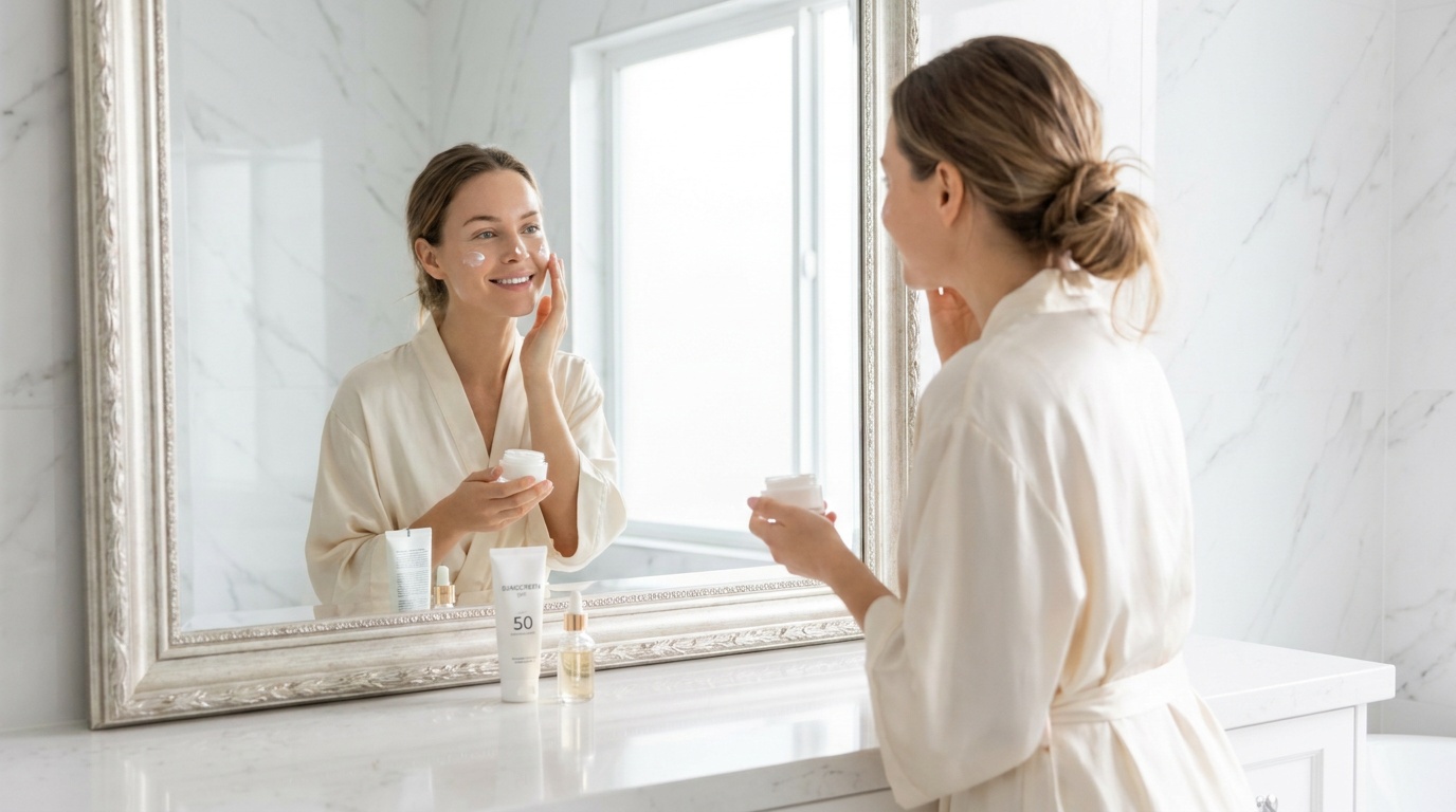 Beautiful woman with glowing skin applying moisturizer in a bright bathroom