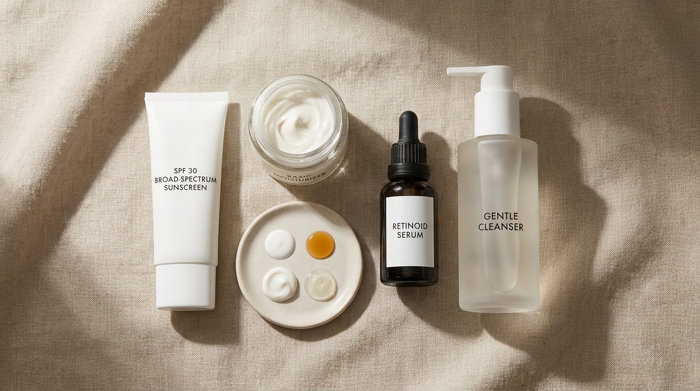 Flatlay of sunscreen, moisturizer, serum, and cleanser on a neutral surface