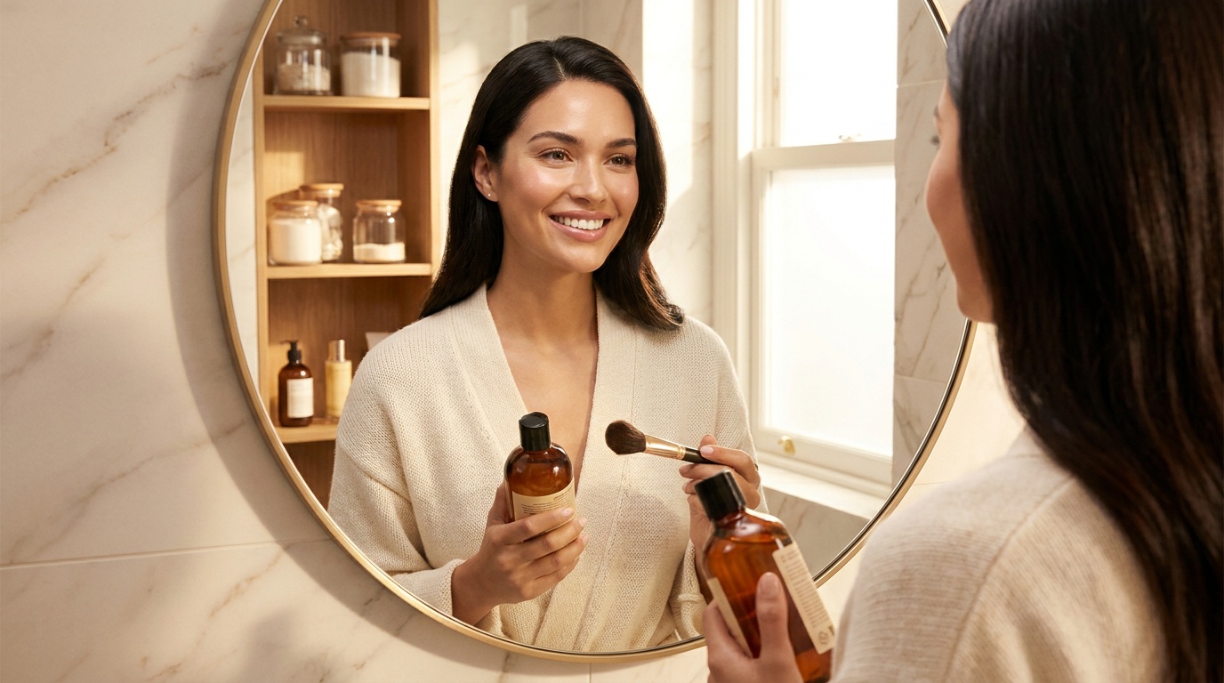 Beautiful woman in a bathroom mirror with hair and beauty products