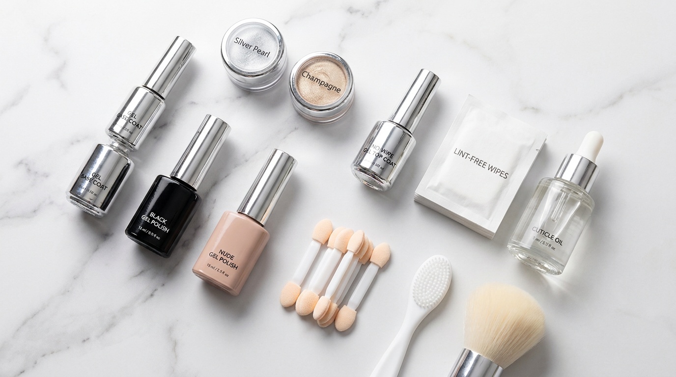 Flatlay of chrome nail products including gel polish, chrome powders, top coat, and applicators