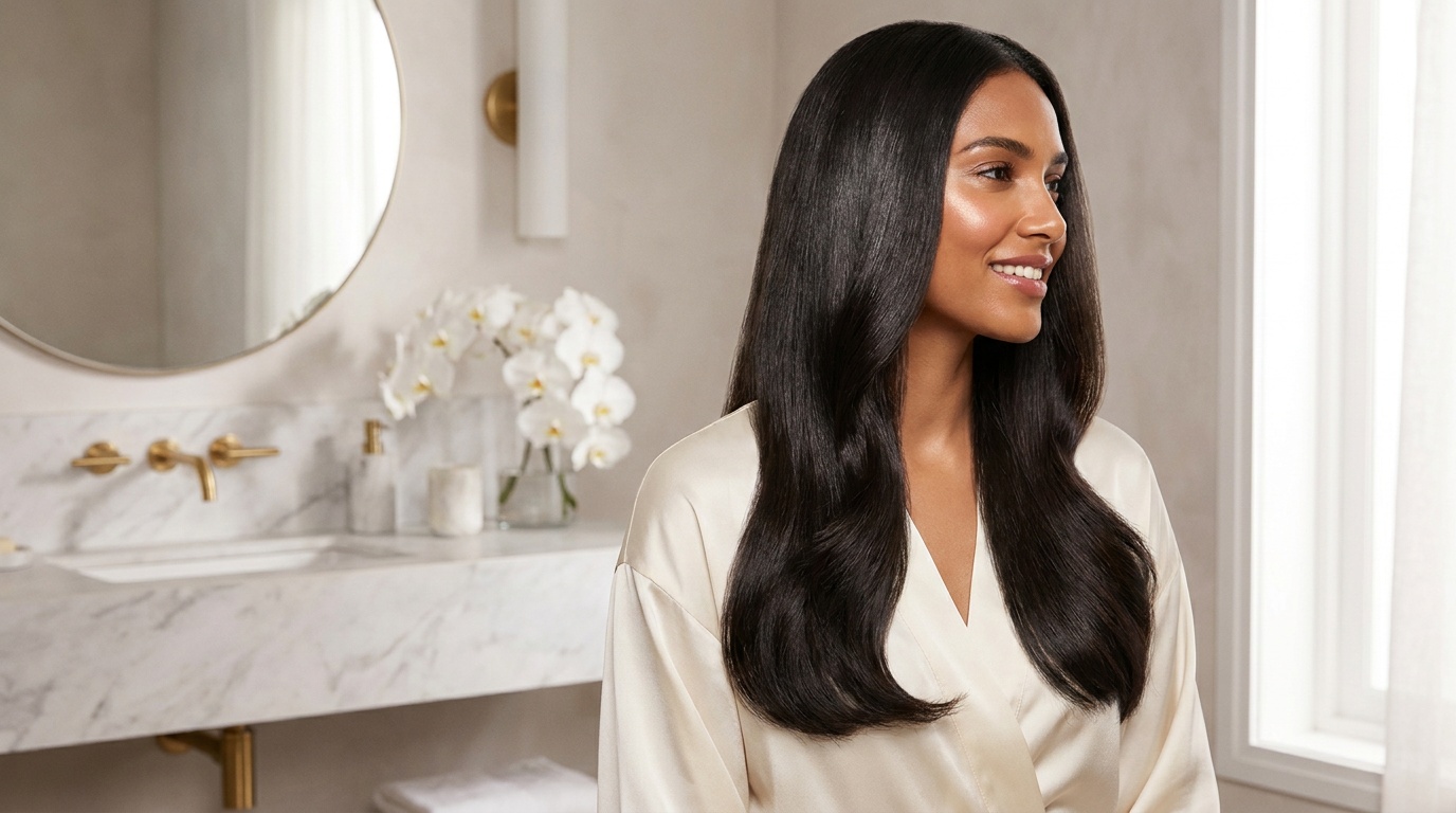 Beautiful woman with glowing skin and glossy shiny hair in a bright bathroom