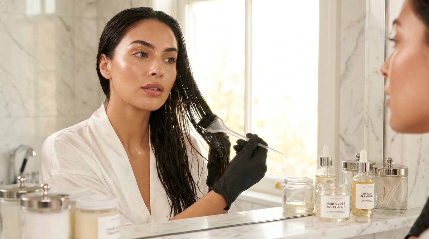 Woman applying at-home hair gloss to damp hair in a bathroom