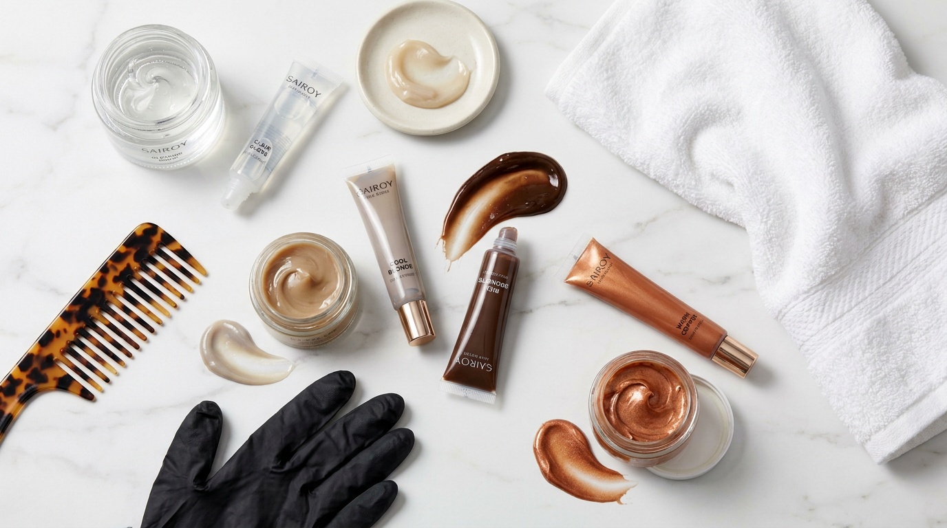 Flatlay of clear and tinted hair gloss products with tools and color swatches