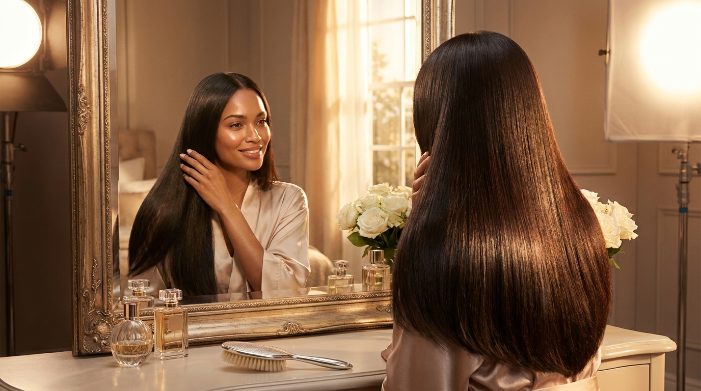 Woman admiring her smooth glossy hair in a mirror