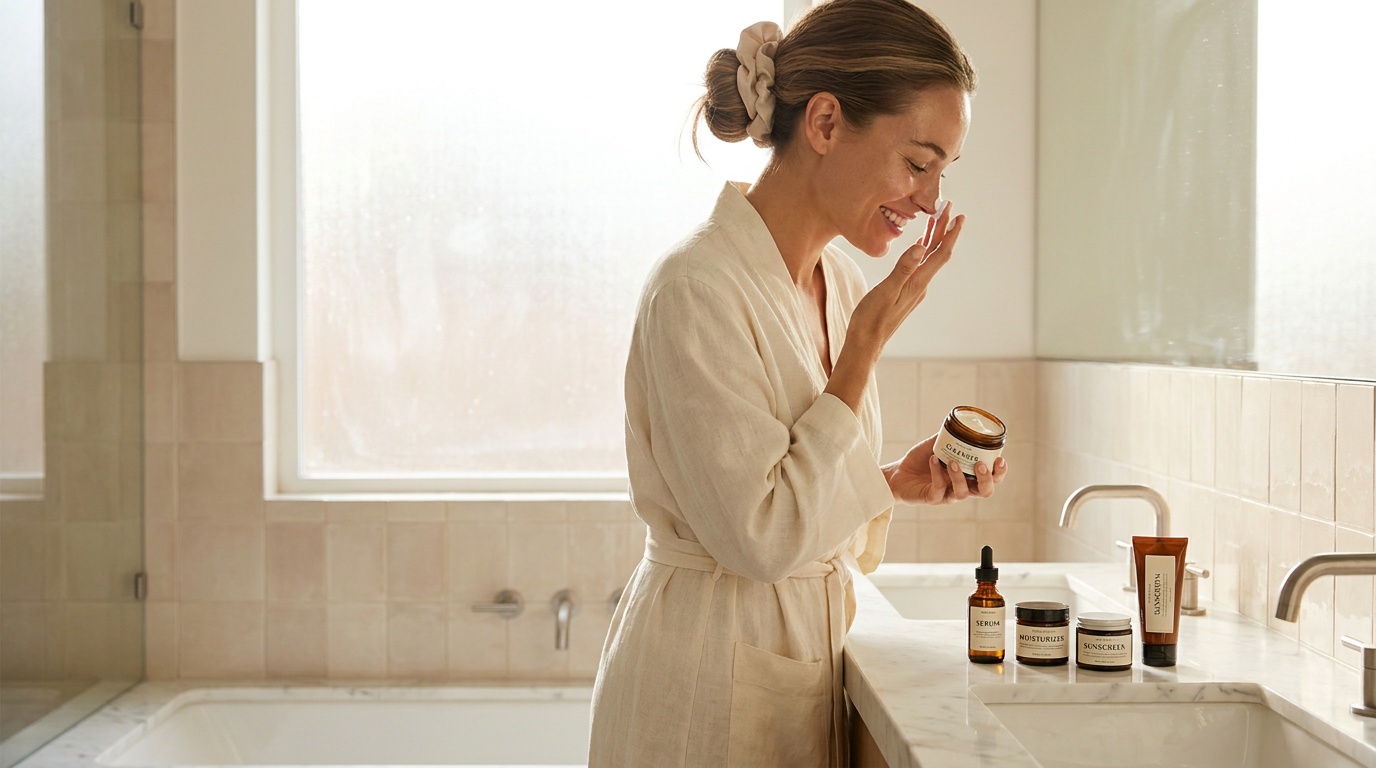 Beautiful woman with glowing skin following a morning skincare routine at a vanity