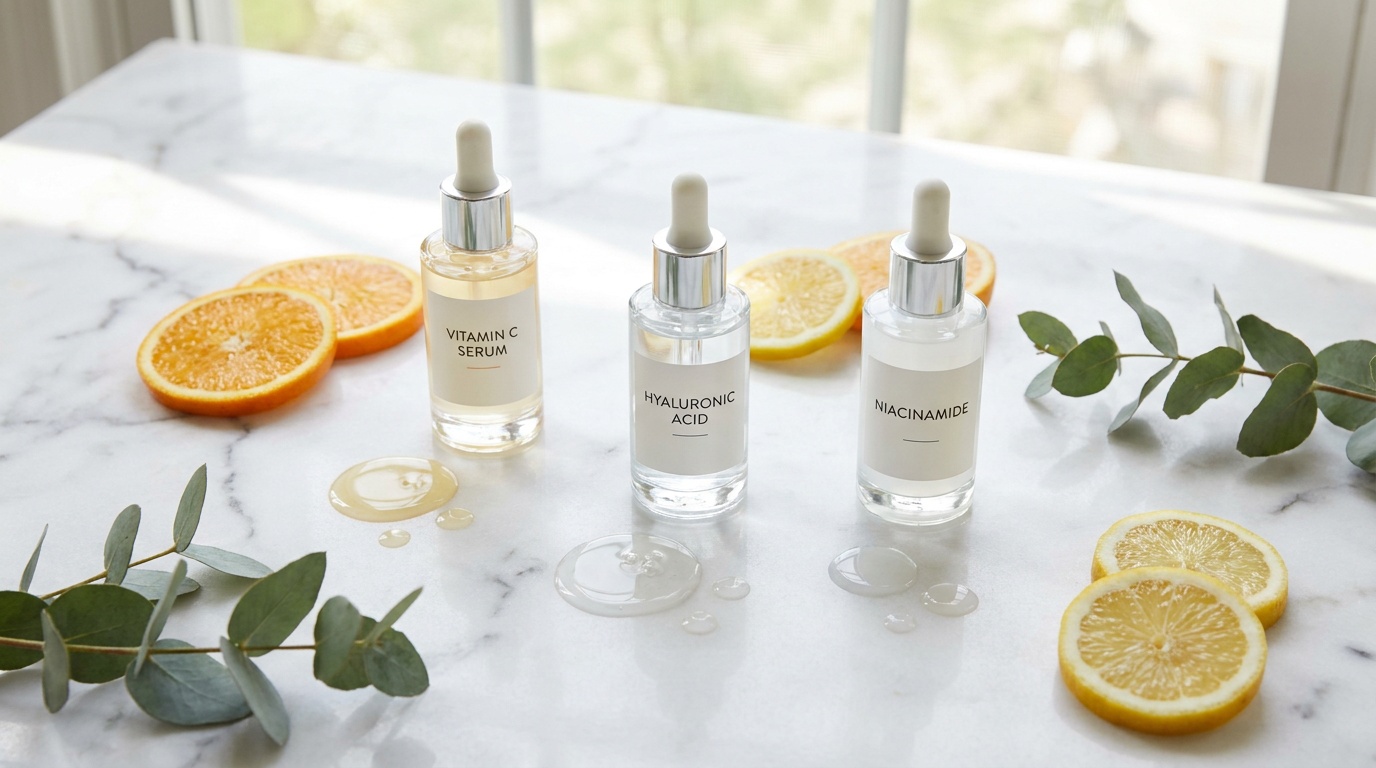 Flatlay of vitamin C, hyaluronic acid, and niacinamide serums